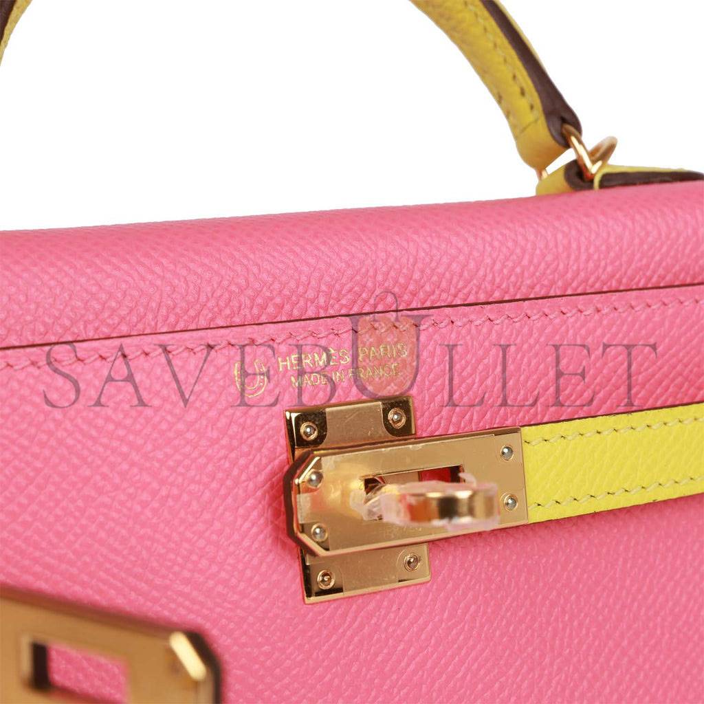 HERMES SPECIAL ORDER (HSS) KELLY MINI SELLIER 20 ROSE AZALEE AND LIME EPSOM GOLD HARDWARE (19*12*5.5cm)