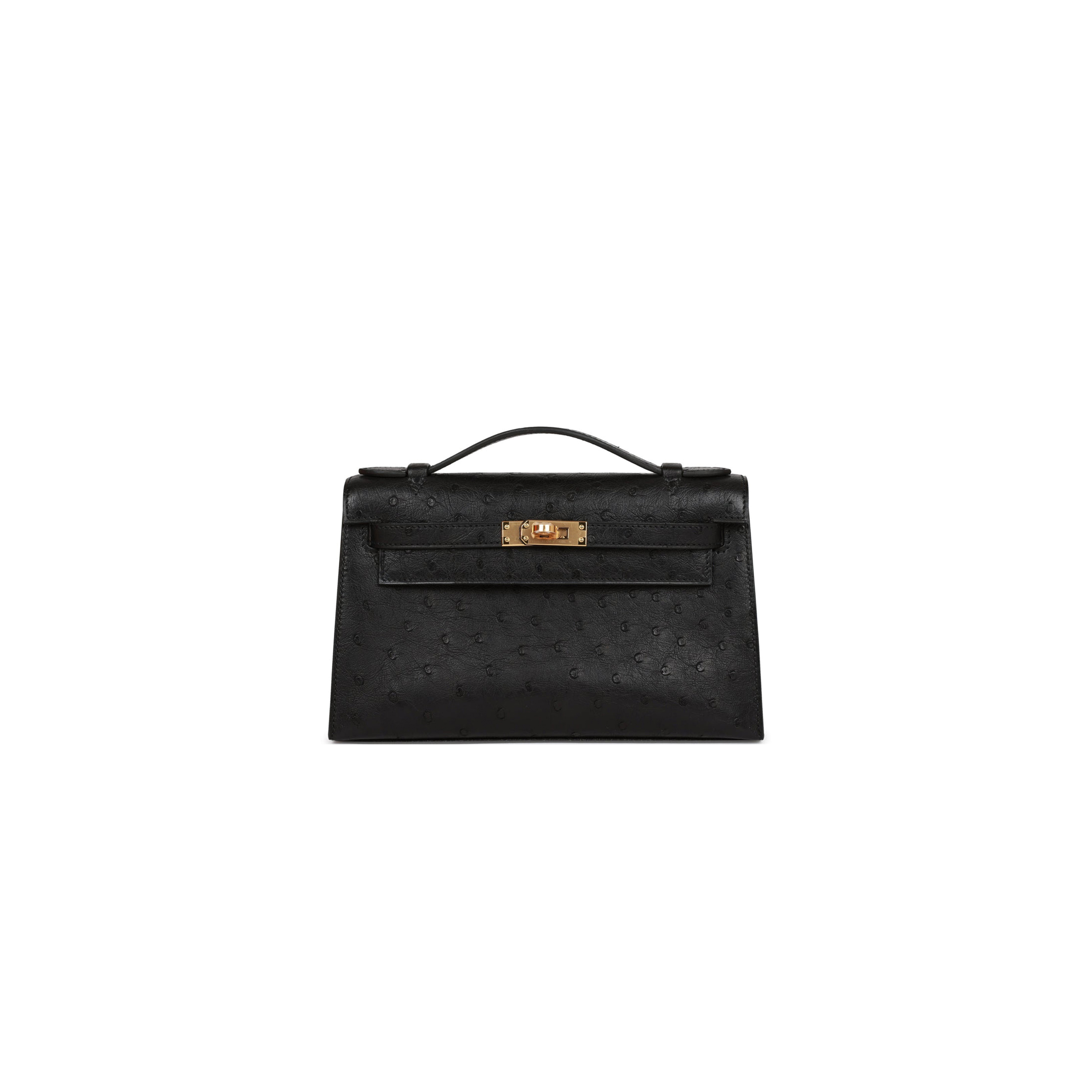 HERMES KELLY POCHETTE BLACK OSTRICH GOLD HARDWARE   (22*12*13cm)