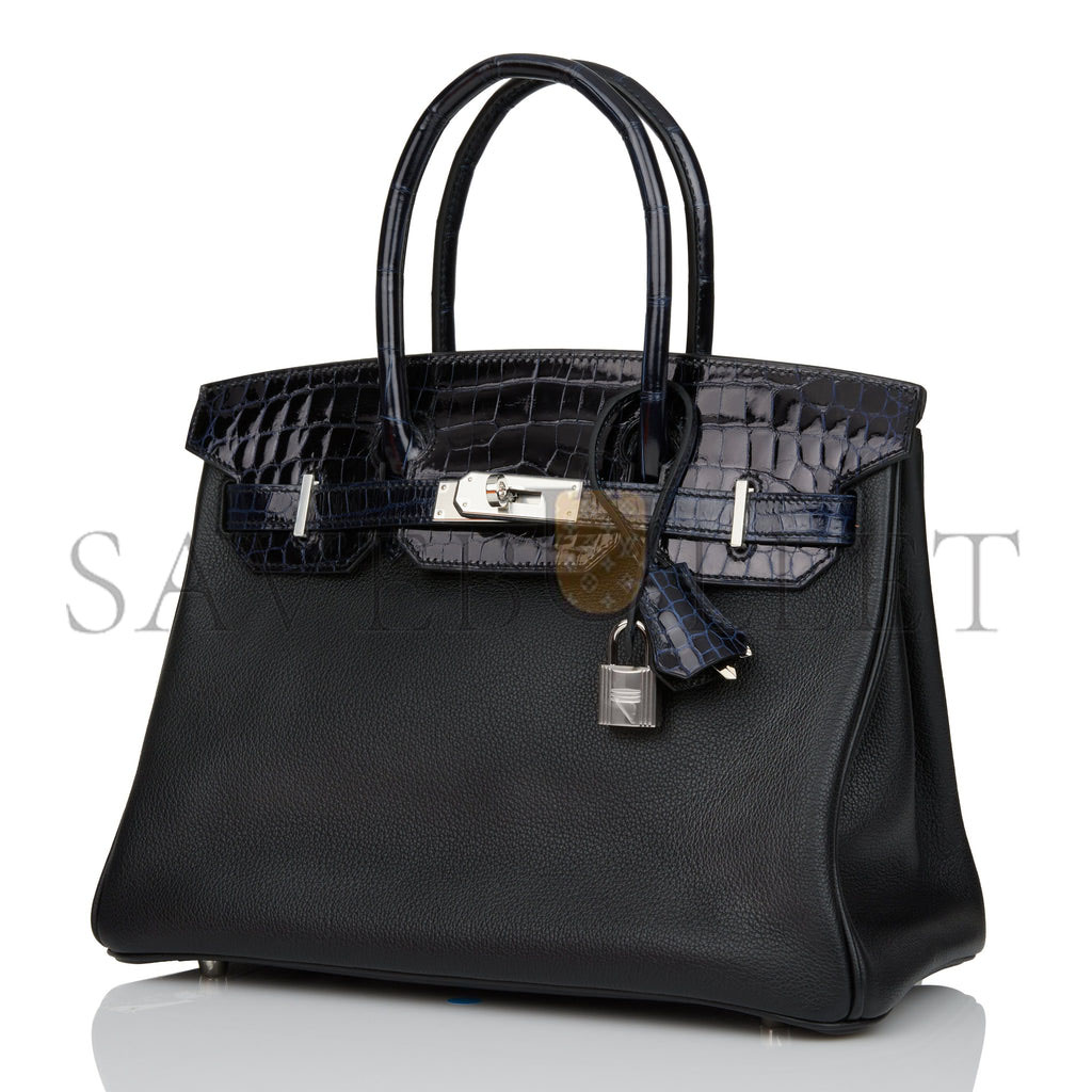 HERMES BIRKIN 25 BLEU MARINE SHINY NILOTICUS CROCODILE PATTERN AND BLACK NOVILLO TOUCH PALLADIUM HARDWARE (25cm)