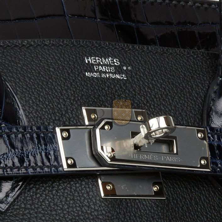 HERMES BIRKIN 25 BLEU MARINE SHINY NILOTICUS CROCODILE PATTERN AND BLACK NOVILLO TOUCH PALLADIUM HARDWARE (25cm)